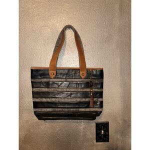 Vaan & Co Inde UpCycled Leather Festival Studios Black Gray  Canvas Stripe Tote